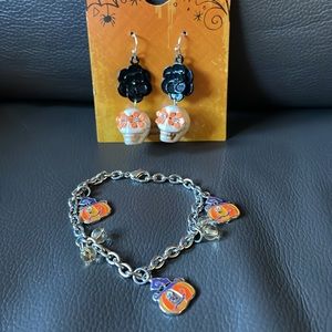 Halloween Cream Skull Earrings with Black Flowers & Pumpkin Bracelet